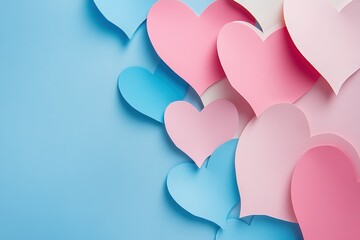 Poster - paper hearts in shades of pink and blue against a calming light blue background