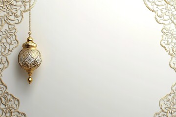 Poster - Golden arabesque lantern with decorative filigree on a white background with text space