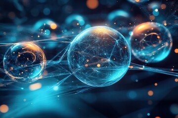 Leinwandbilder - Discover unique virtual worlds represented by interconnected spheres illuminated by radiant light beams in a cosmic space setting