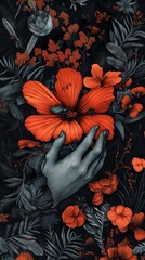 Wall Mural - a hand gently holding a hibiscus flower in a dark garden