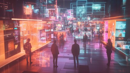 Aufkleber - Digital marketplace bustling with avatars exploring virtual shops and products in a vibrant online world