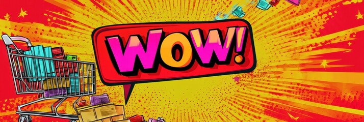 Poster - Exciting comic style announcement featuring bold WOW graphic and vibrant colors promoting discounts and sales in a fun pop art design