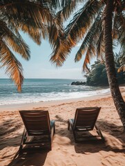 Aufkleber - Relaxation awaits on a tranquil beach with sun loungers under swaying palm trees and gentle sea waves