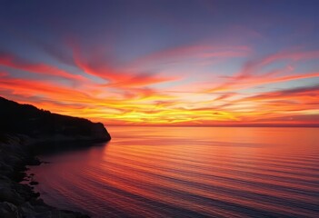 Wall Mural - fiery sunset paints majorca's coastline, tranquil sea reflecting vibrant hues, mediterranean, beauti