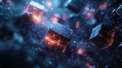 Wall Mural - Glowing cubes floating in a dark and starry expanse