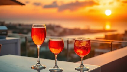Wall Mural - golden hour light bathes vibrant orange aperol spritz by a stunning sunset view, sea, luxury