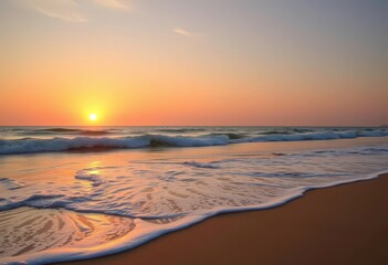 Wall Mural - golden hour sun sets over tranquil ocean waves on sandy beach, view, sky