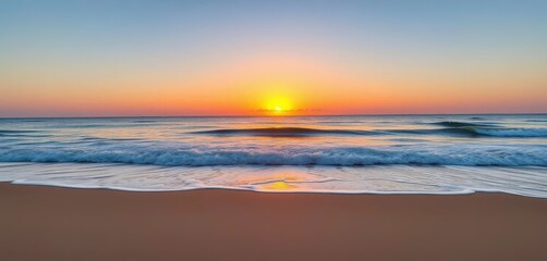 Wall Mural - golden hour sun sets over tranquil ocean waves on sandy beach, rays, view