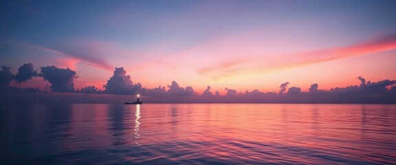 Wall Mural - luminous beacon pierces twilight sky, soft pastel clouds reflect in calm sea, shoreline, sky
