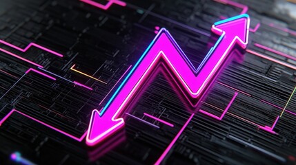 Poster - Neon pink arrow pointing upwards against a dark background representing growth and direction in business