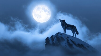  Majestic wolf standing on a snowy peak, howling at the full moon generative ai