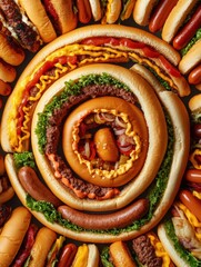 Poster - Spiral arrangement of burgers and hot dogs showcasing culinary creativity for a summer barbecue or picnic occasion