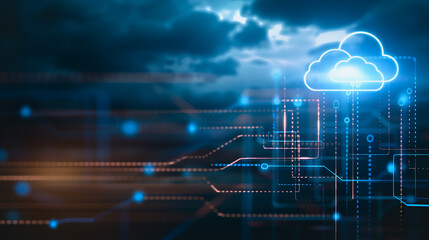 Poster - Cloud Computing Connectivity: A luminous digital cloud illuminates the conceptualization of a digital world network and cloud computing, representing data transfer, technology, and global connection.
