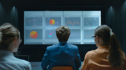 Poster - Data Analysis: A team of professionals intently examines a large display screen filled with dynamic charts, graphs, and statistical data. This represents the analytical process of modern business. 