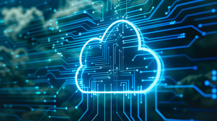 Poster - Cloud Computing: Abstract cloud computing concept represented through a luminous cloud symbol, intertwined with digital circuitry and subtle cloudscape background.