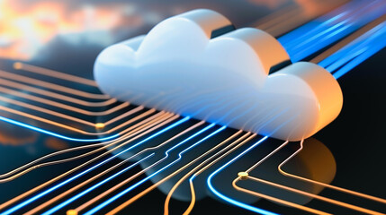 Fototapete - Cloud Computing Visualization: A digital illustration depicts a cloud computing concept with a fluffy, white cloud at the center.