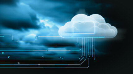 Poster - Cloud Computing: Illustrative view of cloud computing, showcasing data flowing to and from a cloud, with digital circuit design symbolizing connectivity.