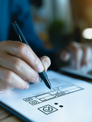 Poster - Conceptual Design: A close-up shot captures a person's hand meticulously sketching on a blueprint, crafting a design or layout for a construction or product.