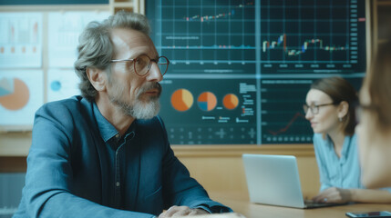 Poster - Focused Analytics: A close-up of a seasoned business person in a discussion, set against a backdrop of intricate data visualizations displayed on a large screen.