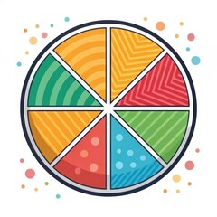 Poster - A colorful wheel divided into eight sections, each featuring unique patterns and vibrant colors, surrounded by playful dots.
