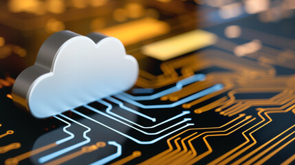 Poster - Cloud Computing: A sleek, stylized cloud symbol hovers over a vibrant circuit board, its presence evoking the digital realm of information storage, network access, and technological innovation.