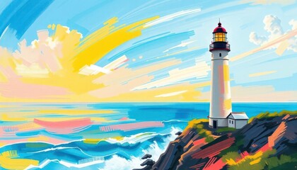 Wall Mural - vibrant brushstrokes depict a coastal lighthouse, swirling sea and sky, acrylic, light