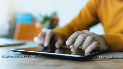 Poster - Technology Embrace: A close-up shot captures a person's hands interacting with a tablet, highlighting modern digital communication, creativity.