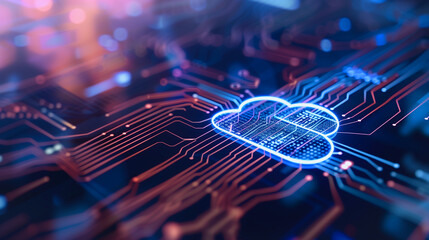 Poster - Cloud Computing Connectivity: A vibrant image illustrating the concept of cloud computing, showcasing a glowing cloud symbol integrated within intricate circuit board patterns.
