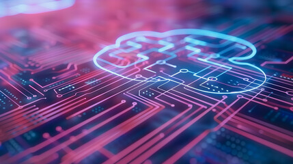 Fototapete - Cloud Computing: An abstract representation of cloud computing, illustrated by a glowing cloud icon superimposed on an intricate circuit board.