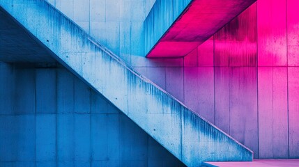 Wall Mural - neon-lit concrete staircase: abstract architectural photography