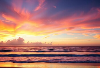 Wall Mural - vibrant sunset hues paint the sky above a tranquil ocean beach, water, backdrop