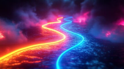 Wall Mural - a vivid neon path curves across mysterious reflective waters