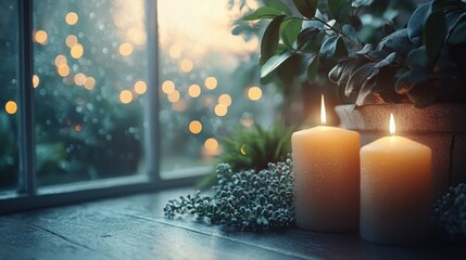 Poster - Serene ambiance of two flickering candles surrounded by lush green plant enhancing reiki energy vibes in a calm space