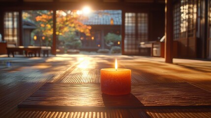 Poster - Softly glowing candle placed on a wooden table creating a calm atmosphere for reiki energy and relaxation moments
