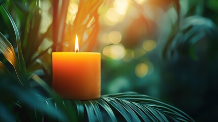Poster - A tranquil candle placed delicately in the middle of a leaf radiating restorative energy and calm atmosphere