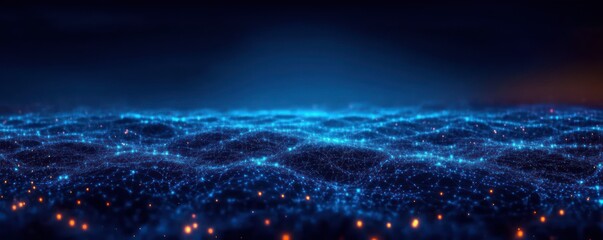 Fototapete - Futuristic Digital Landscape with Glowing Network Lines and Nodes in Cyberpunk Style