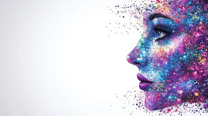 Poster - A woman's face adorned with colorful paint splatters expressing the beauty of sacred connection and artistic vibes