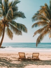 Aufkleber - Inviting beach landscape with sun loungers under palm trees and gentle waves in the background for a perfect relaxation spot