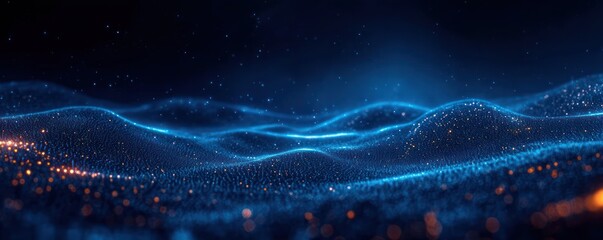 Fototapete - Futuristic Digital Landscape with Glowing Network Lines and Nodes in a Cyberpunk Style