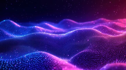 Fototapete - Futuristic Digital Landscape with Glowing Neon Particles in Cyberpunk Style