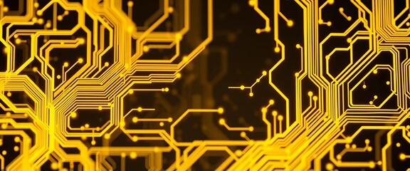 Abstract background of glowing yellow circuitry, intricate tech design, texture, modern