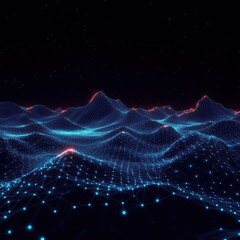 Fototapete - Futuristic Cyberpunk Wireframe Landscape with Glowing Neon Gridlines and Moving Dots