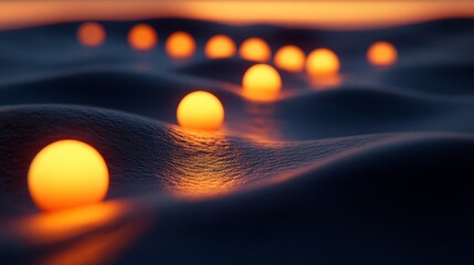 Wall Mural - glowing orbs are situated on wavy terrain against an orange sunset