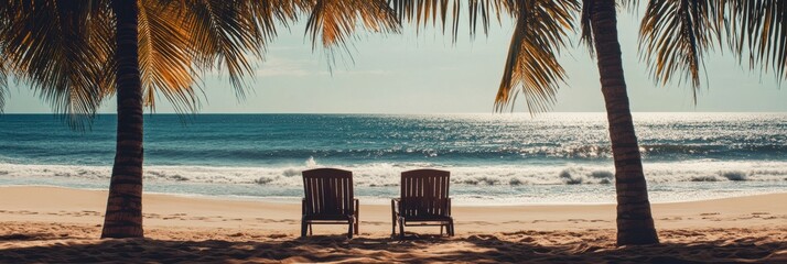 Aufkleber - Relaxation and leisure at a serene beach with sun loungers under palm trees by the calm sea and golden sands