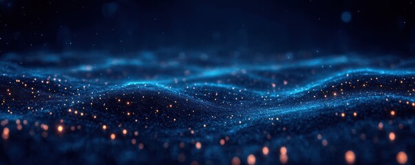 Fototapete - Futuristic Digital Network with Glowing Waves Dots and Lines in Cyberpunk Style