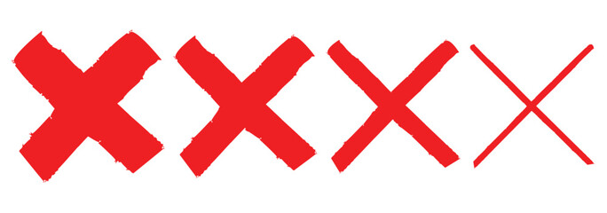 Poster - Set of hand drawn X marks in brush stroke. Grunge hand drawn strokes x sign. Hand drawn dirty grunge brush cross mark wrong symbol graphic design collection. Vector set of red hand-painted Wrong icons
