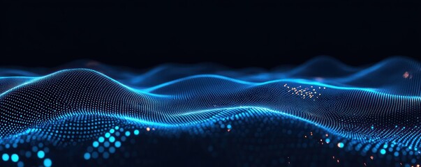 Fototapete - Futuristic Digital Grid Landscape with Glowing Neon Dots and Wavy Patterns