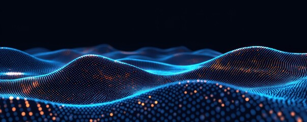 Fototapete - Futuristic Digital Wave with Glowing Dots and Flowing Particles in Cyber Technology Background