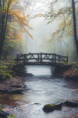 Wall Mural - A serene wooden bridge spans across a gentle stream in a misty autumn forest, surrounded by colorful foliage, creating a peaceful and picturesque scene.
