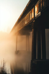 Wall Mural - A serene, mist-covered wooden bridge bathed in warm golden sunlight, crossing a tranquil river in the early morning.